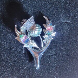 Vintage Mizpah Silver Scottish Thistle Brooch Multicolor Gemstones Rhinestones